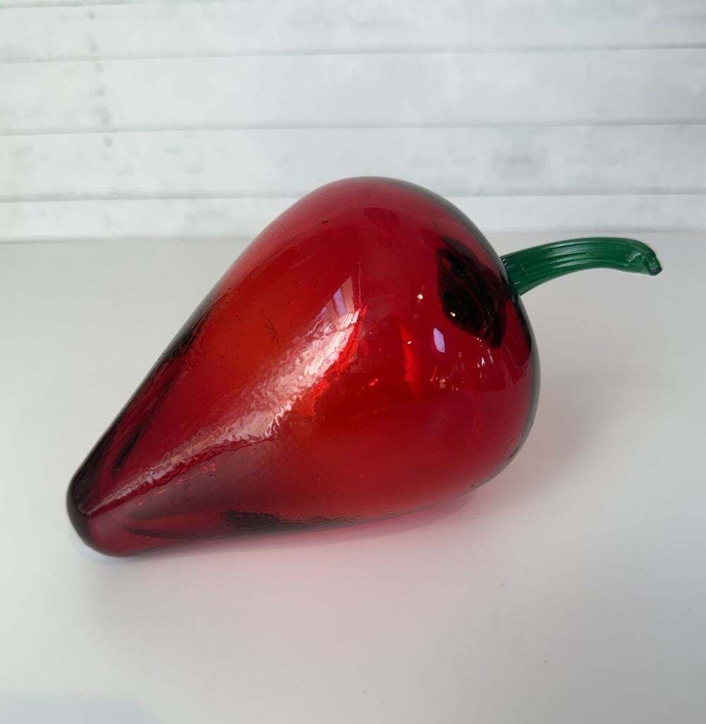 Hand Blown Art Glass Red Pepper Applied Green Stem Vegetable Figurine 8”